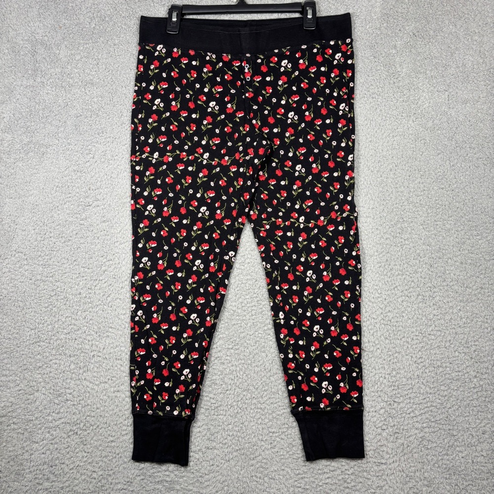 Victoria's Secret Pajama Joggers Women L Black Floral Waffle Knit Thermal Lounge
